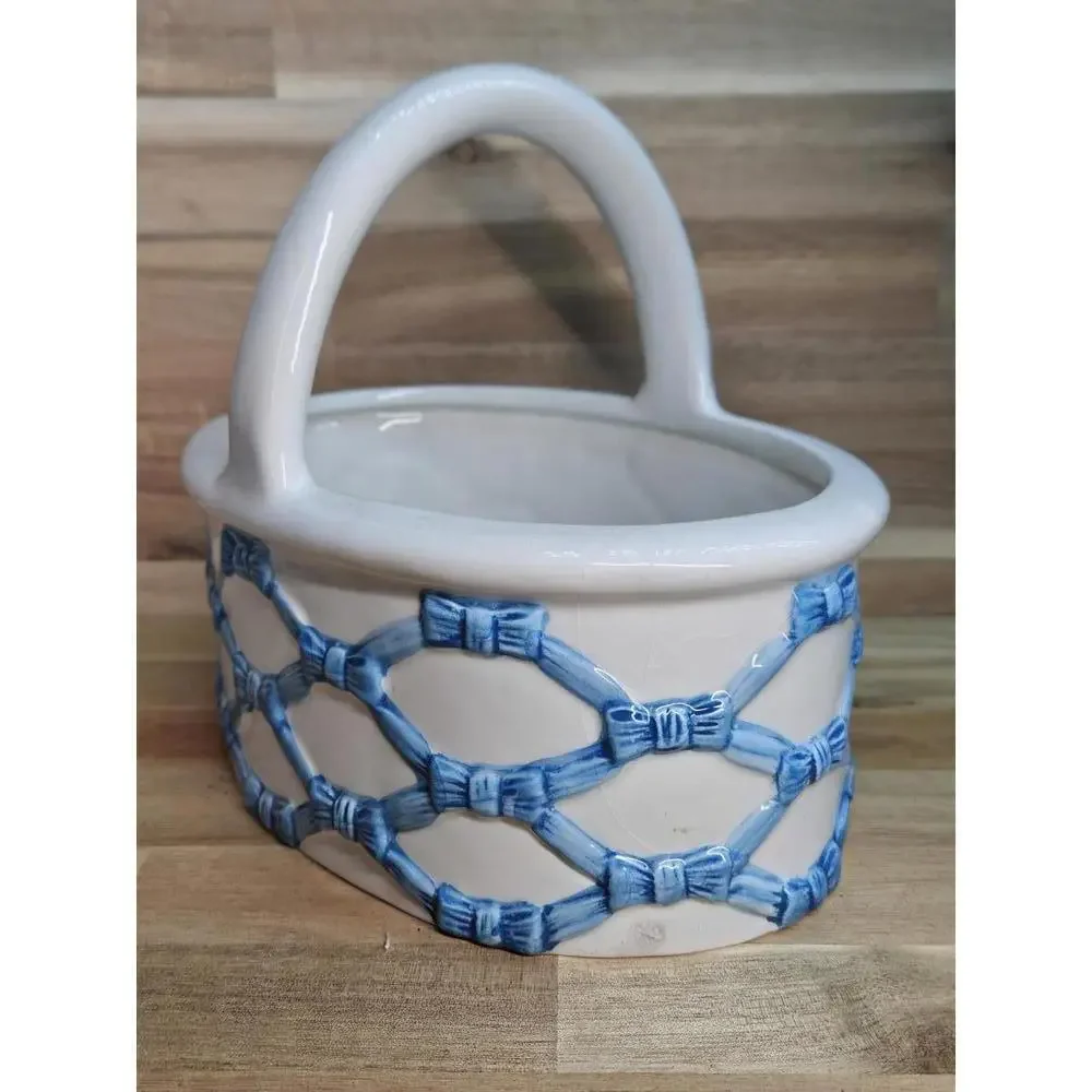 Vintage Italian Ceramic Lattice Basket Blue Woven Pottery 7" Tall Spring/Easter - Picture 2 of 15